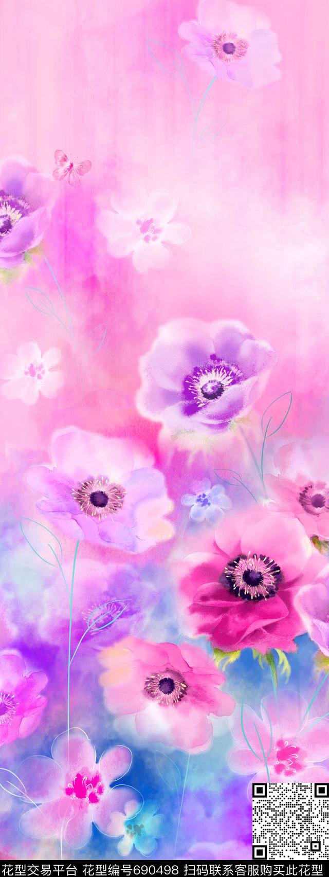 朦胧手绘花朵数码印花华亿平台下载（图片编号: 690498） - 瓦栏（Walan）