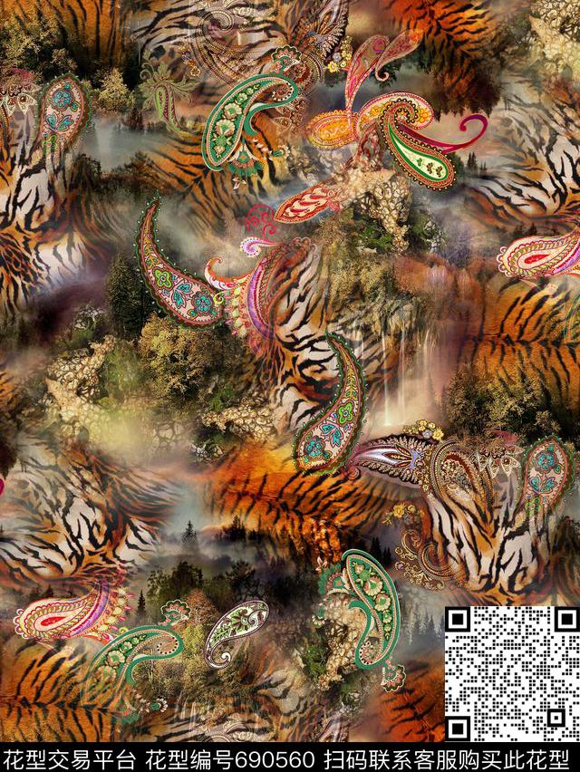 腰果动物纹风景数码印花华亿平台下载（图片编号: 690560） - 瓦栏（Walan）