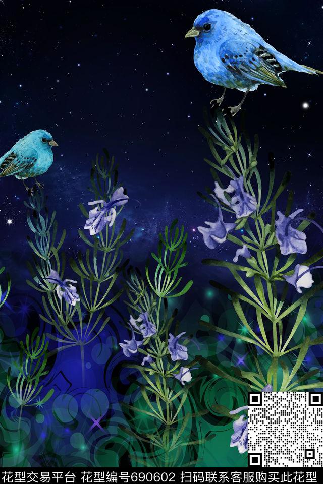 花卉鸟定位花数码印花华亿平台下载（图片编号: 690602） - 瓦栏（Walan）