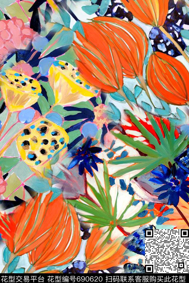 时尚手绘花卉数码印花华亿平台下载（图片编号: 690620） - 瓦栏（Walan）