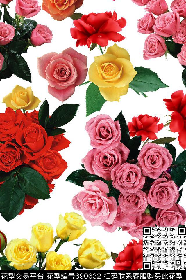 花朵玫瑰花卉数码印花华亿平台下载（图片编号: 690632） - 瓦栏（Walan）