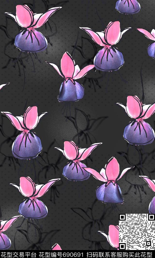 时尚花卉手绘数码印花华亿平台下载（图片编号: 690691） - 瓦栏（Walan）