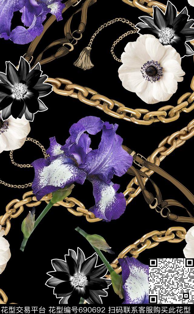 大牌金属链条鸢尾花罂粟花数码印花华亿平台下载（图片编号: 690692） - 瓦栏（Walan）