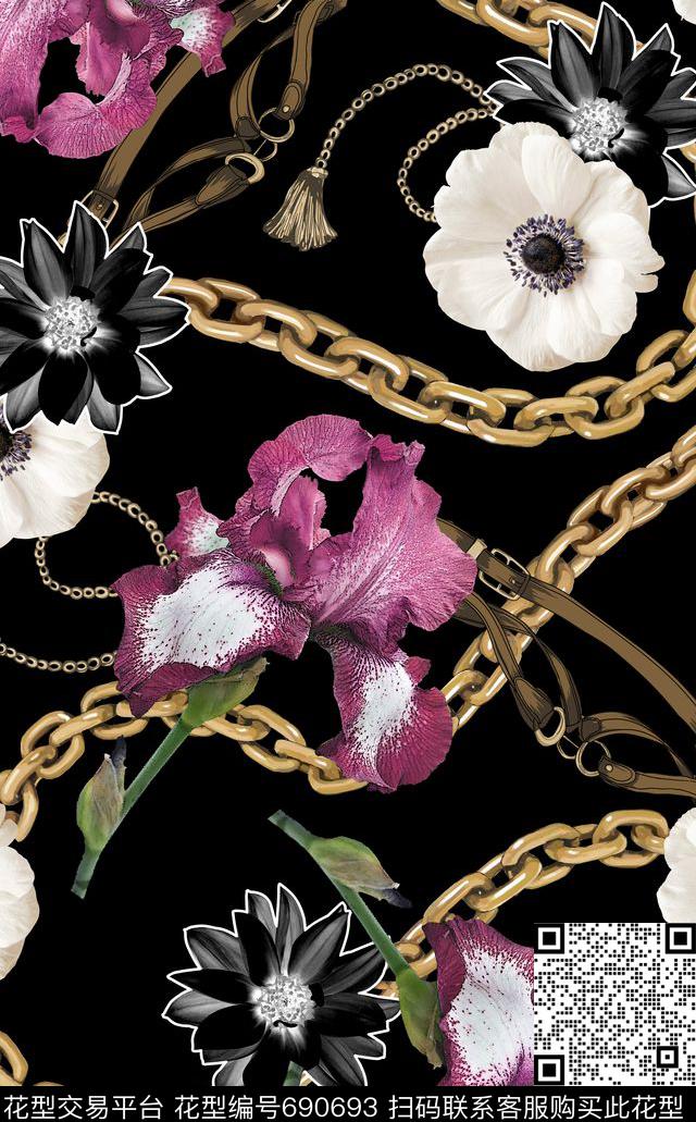 大牌金属链条鸢尾花罂粟花数码印花华亿平台下载（图片编号: 690693） - 瓦栏（Walan）
