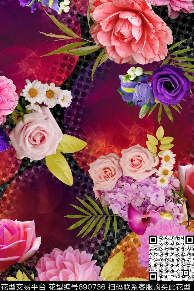 大花玫瑰花卉数码印花华亿平台下载（图片编号: 690736） - 瓦栏（Walan）