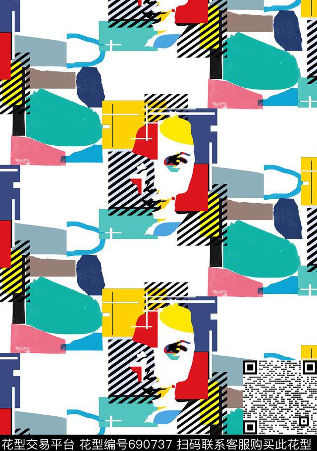 几何抽象人物传统印花华亿平台下载（图片编号: 690737） - 瓦栏（Walan）