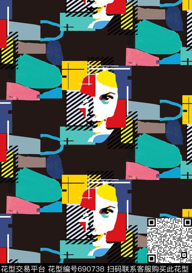 几何抽象人物传统印花华亿平台下载（图片编号: 690738） - 瓦栏（Walan）