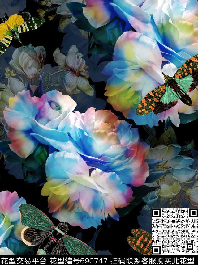 大花昆虫花卉炫彩玫瑰数码印花华亿平台下载（图片编号: 690747） - 瓦栏（Walan）
