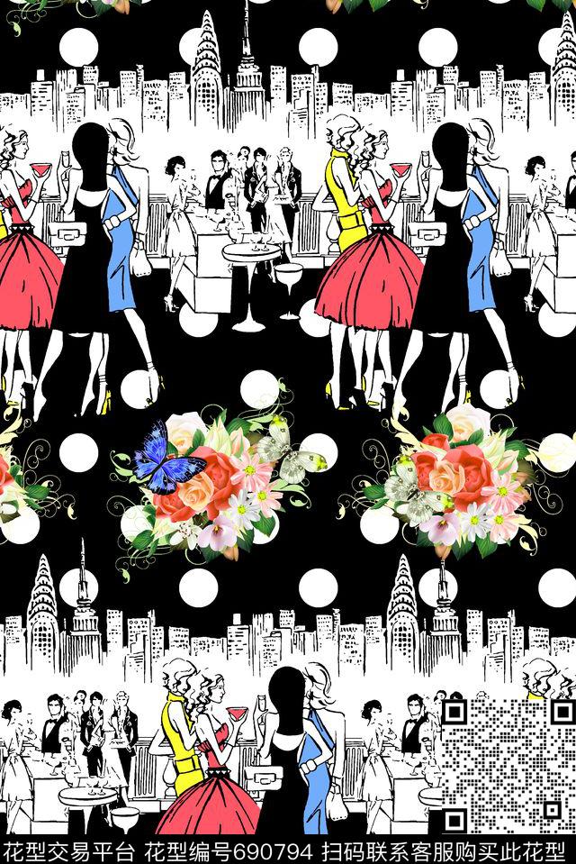 抽象手绘满版女装裙最新高清数码时尚花卉卡通人物数码印花华亿平台下载（图片编号: 690794） - 瓦栏（Walan）