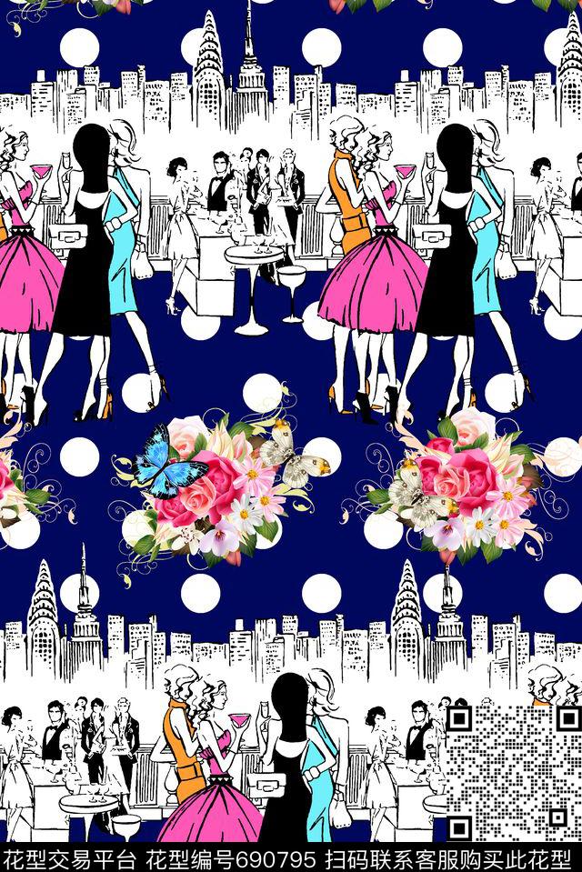 抽象手绘满版女装裙最新高清数码时尚花卉卡通人物数码印花华亿平台下载（图片编号: 690795） - 瓦栏（Walan）