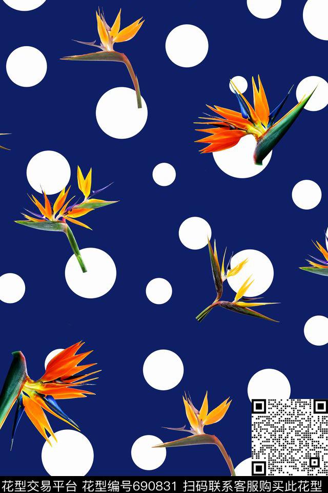 天堂鸟鹤望兰波点圆点数码印花华亿平台下载（图片编号: 690831） - 瓦栏（Walan）