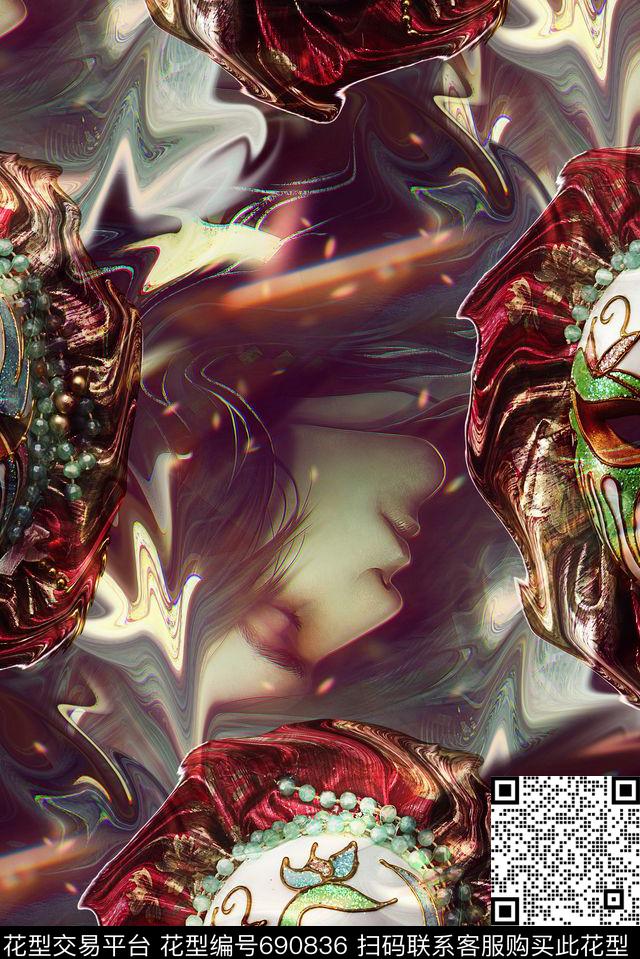 面具戏谱抽象渐变肌理纹女装印花数码印花华亿平台下载（图片编号: 690836） - 瓦栏（Walan）