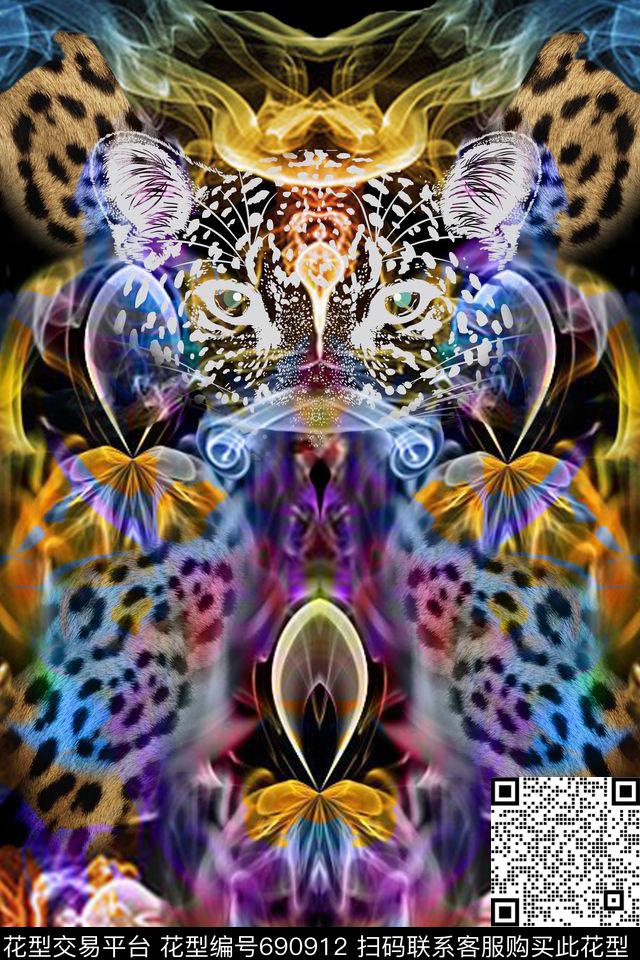 豹纹花卉豹子色彩渐变数码印花华亿平台下载（图片编号: 690912） - 瓦栏（Walan）