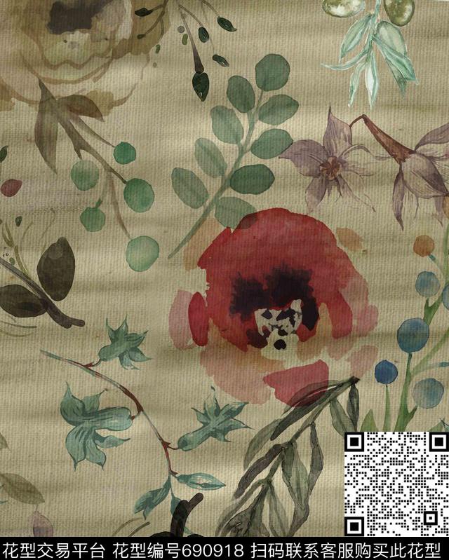 数码印花水彩花卉数码印花华亿平台下载（图片编号: 690918） - 瓦栏（Walan）