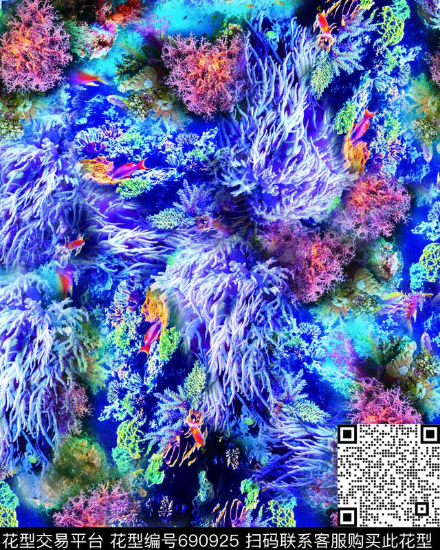 数码印花热带鱼热带植物数码印花华亿平台下载（图片编号: 690925） - 瓦栏（Walan）