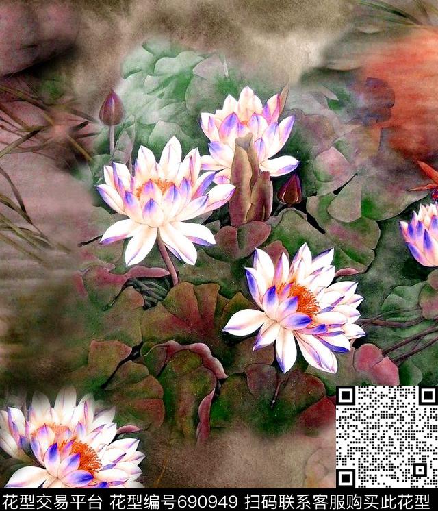 水墨画秋冬华亿平台数码花大气花卉数码印花华亿平台下载（图片编号: 690949） - 瓦栏（Walan）