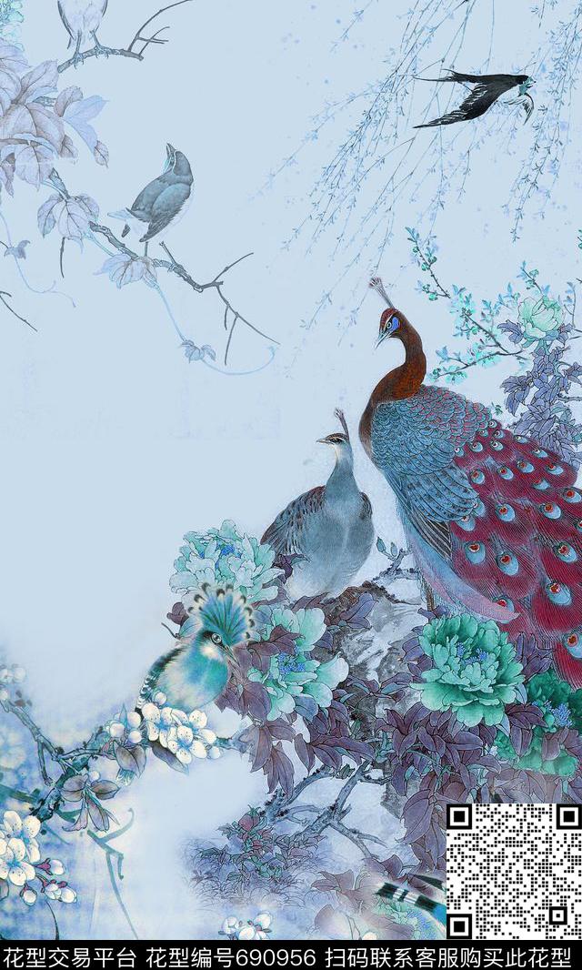 牡丹孔雀燕子数码印花华亿平台下载（图片编号: 690956） - 瓦栏（Walan）