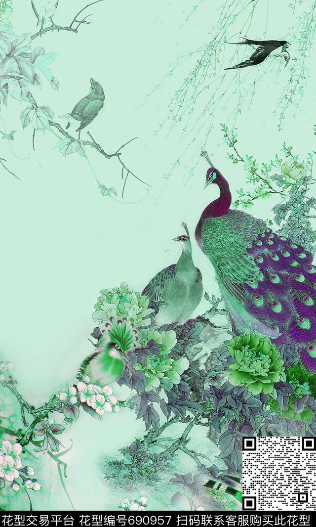 牡丹孔雀燕子数码印花华亿平台下载（图片编号: 690957） - 瓦栏（Walan）