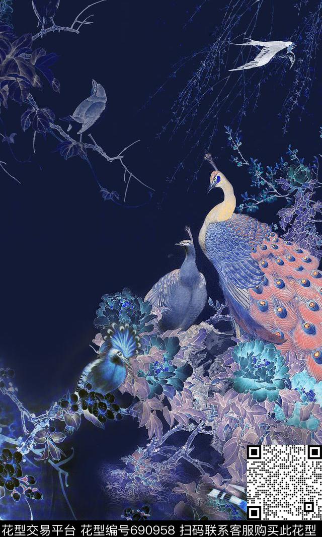 牡丹孔雀燕子数码印花华亿平台下载（图片编号: 690958） - 瓦栏（Walan）