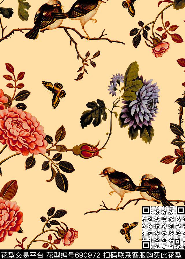 工笔画花卉中国风花卉鸟雏菊数码印花华亿平台下载（图片编号: 690972） - 瓦栏（Walan）
