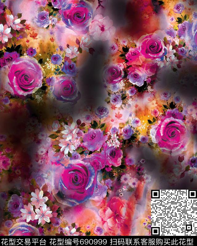云纹数码花大气花卉秋冬华亿平台数码印花华亿平台下载（图片编号: 690999） - 瓦栏（Walan）