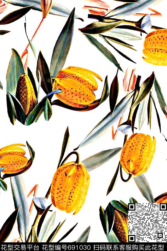 郁金香花卉手绘数码印花华亿平台下载（图片编号: 691030） - 瓦栏（Walan）