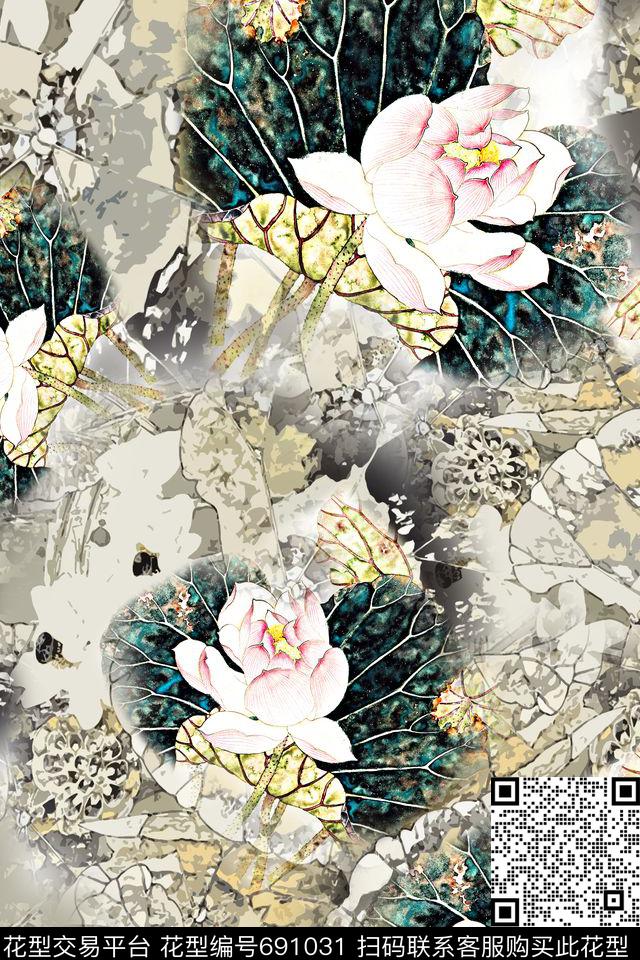 荷花荷叶肌理数码印花华亿平台下载（图片编号: 691031） - 瓦栏（Walan）