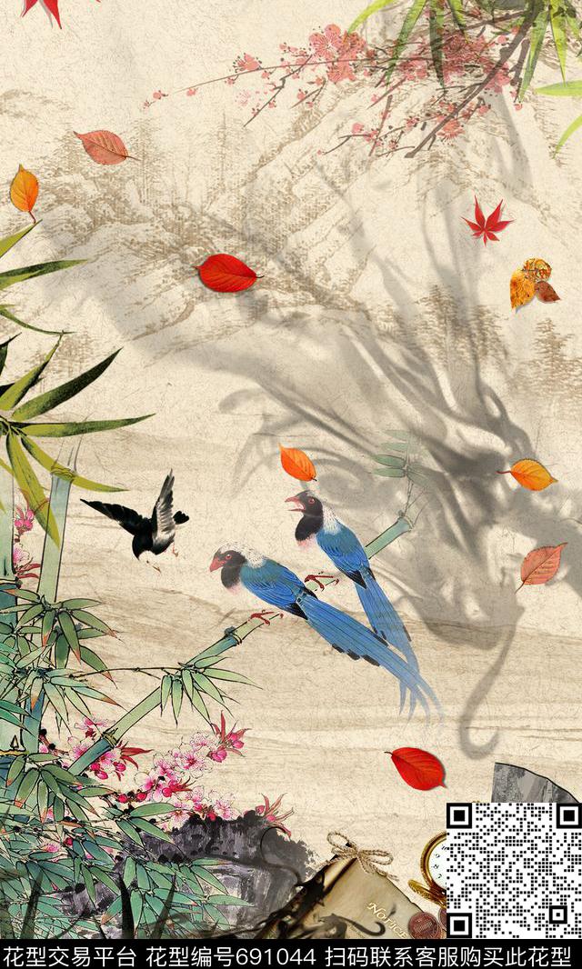 定位中国风水墨竹子竹子梅花数码印花华亿平台下载（图片编号: 691044） - 瓦栏（Walan）