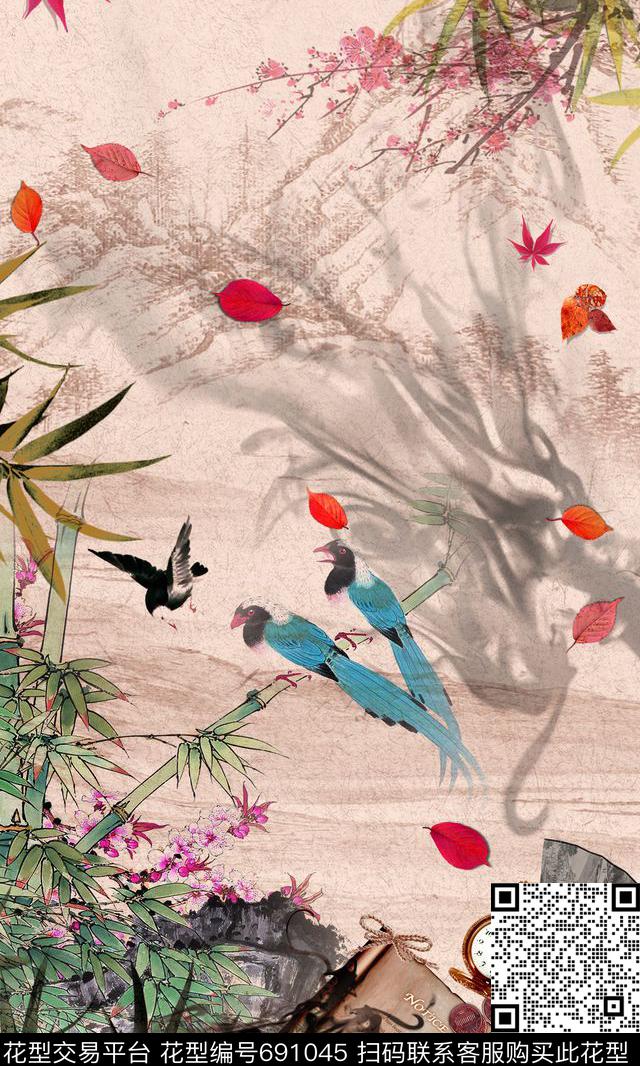 定位中国风水墨竹子竹子梅花数码印花华亿平台下载（图片编号: 691045） - 瓦栏（Walan）