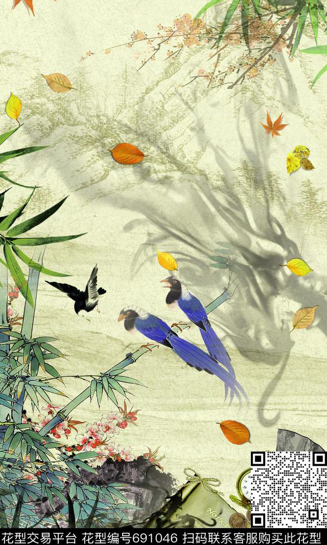 定位中国风水墨竹子竹子梅花数码印花华亿平台下载（图片编号: 691046） - 瓦栏（Walan）