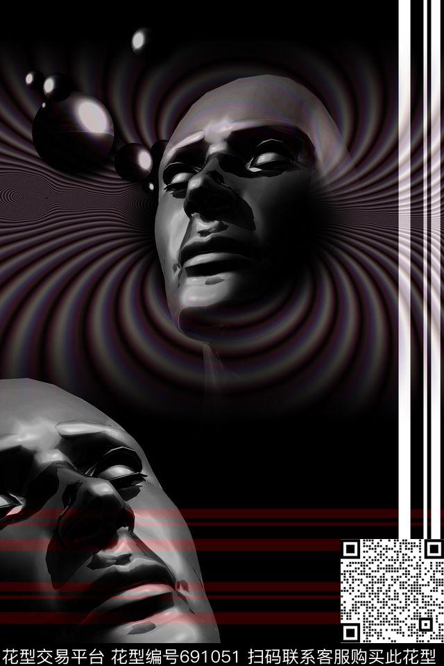 抽象人物头像几何线条数码印花华亿平台下载（图片编号: 691051） - 瓦栏（Walan）