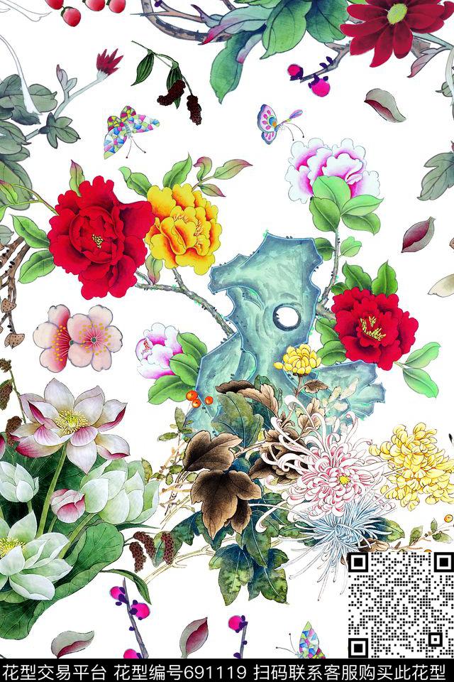 菊花牡丹荷花数码印花华亿平台下载（图片编号: 691119） - 瓦栏（Walan）