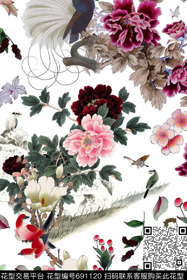 牡丹花鸟花朵数码印花华亿平台下载（图片编号: 691120） - 瓦栏（Walan）