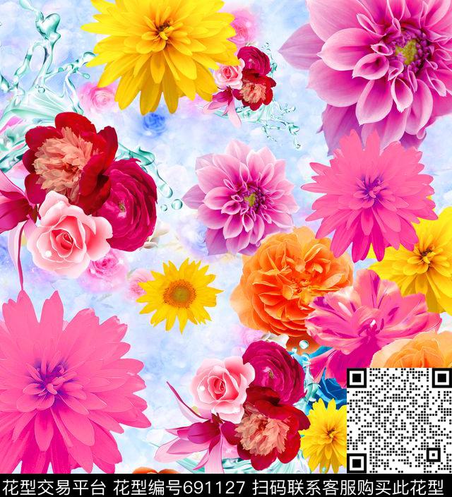 菊花乱花大花数码印花华亿平台下载（图片编号: 691127） - 瓦栏（Walan）