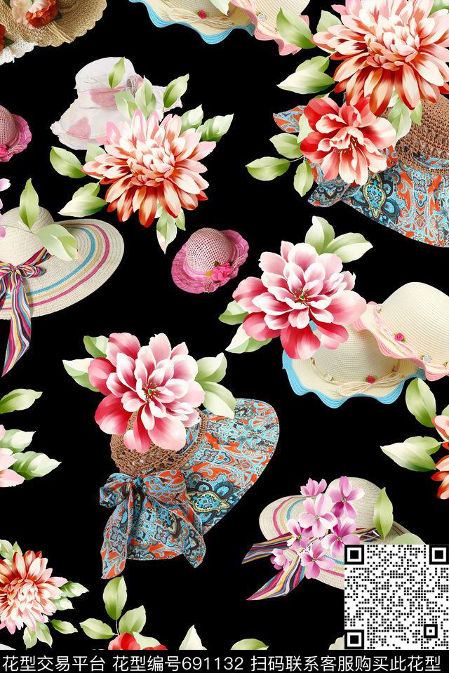 大花花卉帽子数码印花华亿平台下载（图片编号: 691132） - 瓦栏（Walan）