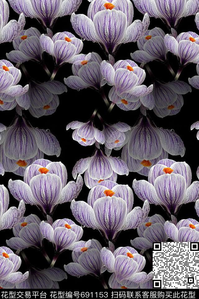 花卉背景青蓝雅韵系列藏红花数码印花华亿平台下载（图片编号: 691153） - 瓦栏（Walan）