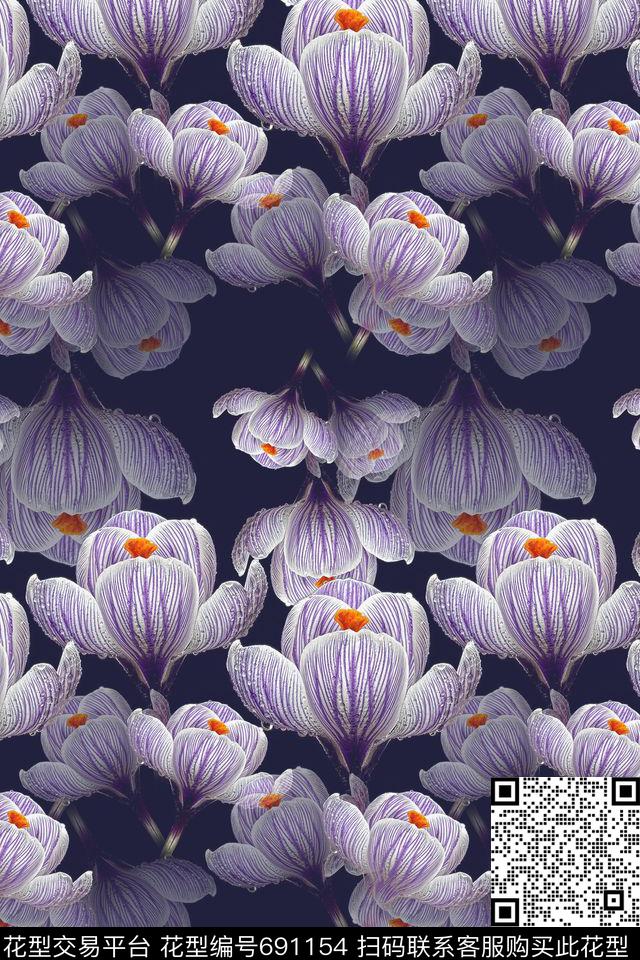 花卉背景青蓝雅韵系列藏红花数码印花华亿平台下载（图片编号: 691154） - 瓦栏（Walan）