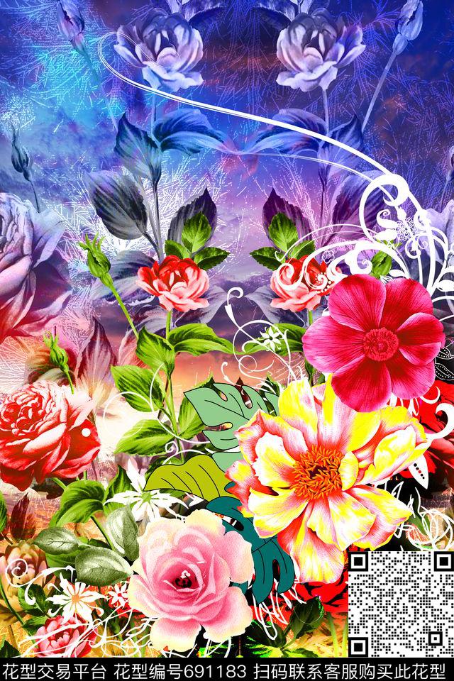 MAX-中老年真丝女装幻彩云彩几何线条数码印花华亿平台下载（图片编号: 691183） - 瓦栏（Walan）