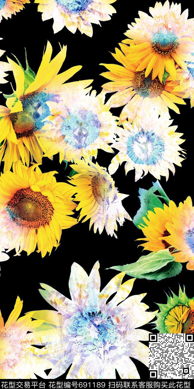 菊花黑色秋冬华亿平台数码印花华亿平台下载（图片编号: 691189） - 瓦栏（Walan）