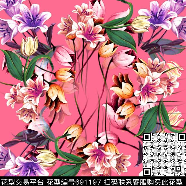 花卉方巾优先区数码印花华亿平台下载（图片编号: 691197） - 瓦栏（Walan）