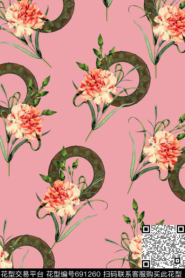 水彩花卉花纹圆圈数码印花华亿平台下载（图片编号: 691260） - 瓦栏（Walan）