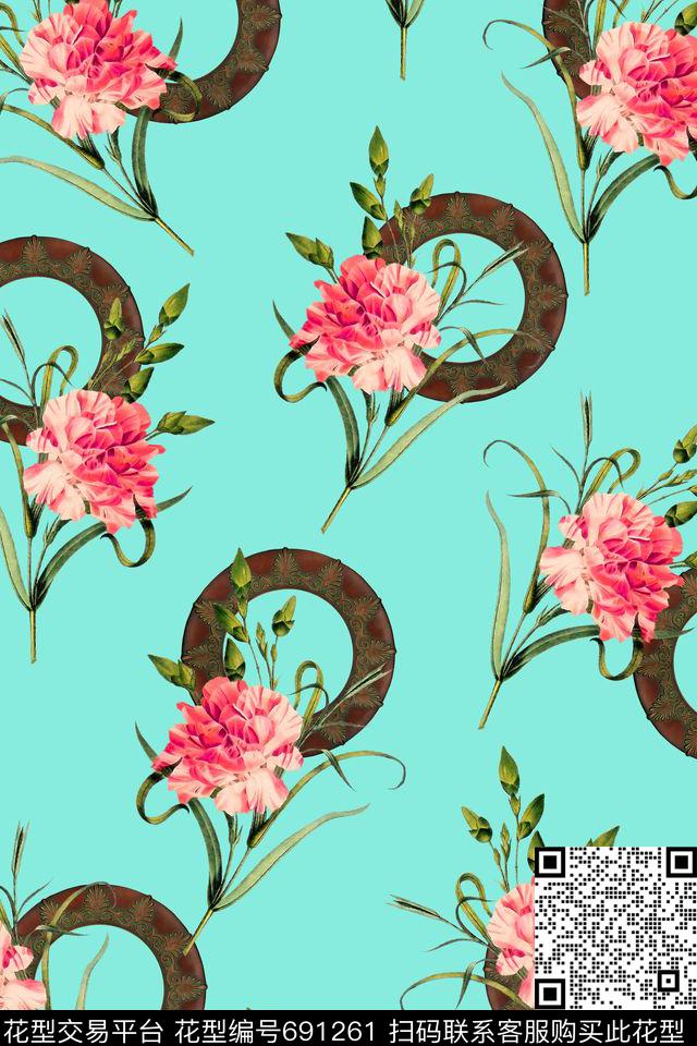水彩花卉花纹圆圈数码印花华亿平台下载（图片编号: 691261） - 瓦栏（Walan）