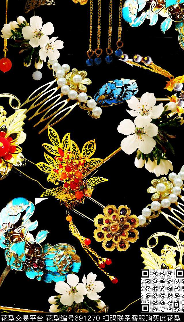 复古时尚花卉花样簪子数码印花华亿平台下载（图片编号: 691270） - 瓦栏（Walan）