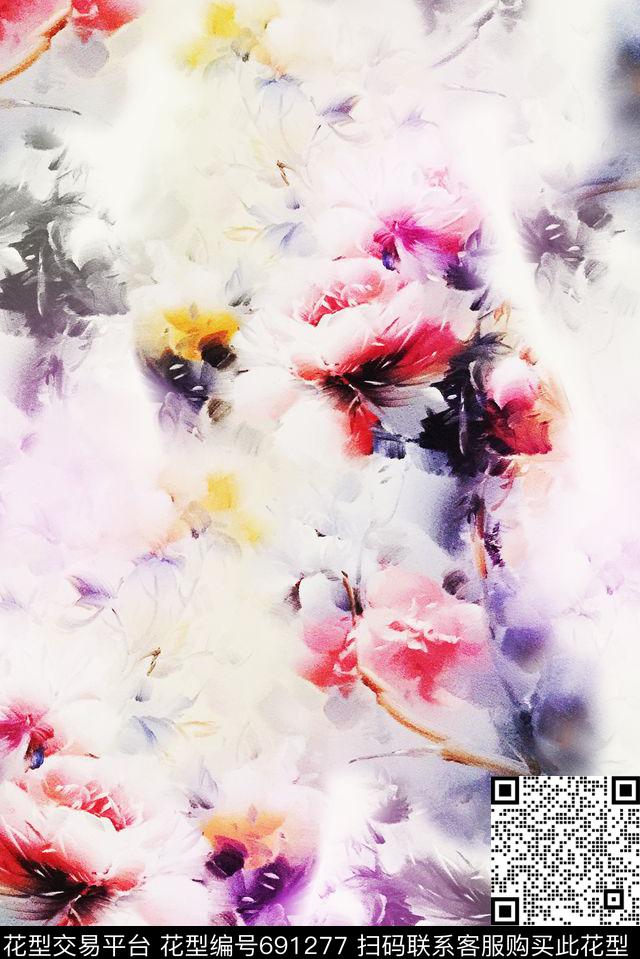 大花花卉水墨画数码印花华亿平台下载（图片编号: 691277） - 瓦栏（Walan）