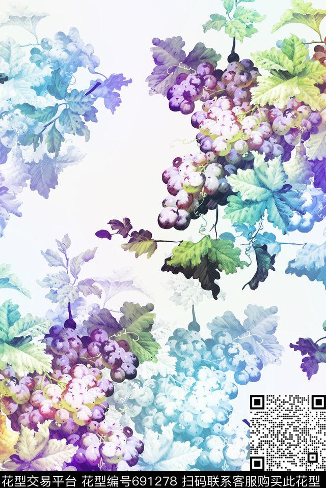 竹叶花卉葡萄数码印花华亿平台下载（图片编号: 691278） - 瓦栏（Walan）
