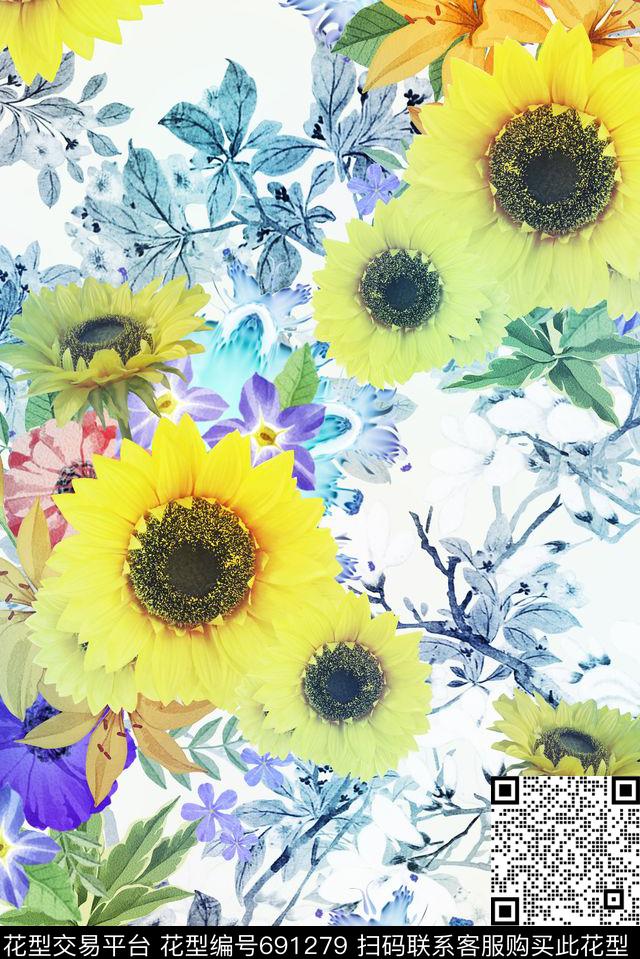 向日葵大花花卉数码印花华亿平台下载（图片编号: 691279） - 瓦栏（Walan）
