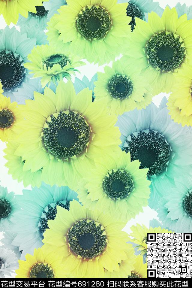 大花花卉向日葵数码印花华亿平台下载（图片编号: 691280） - 瓦栏（Walan）