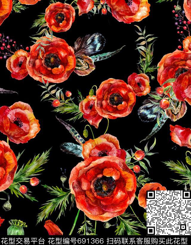 鲜艳高贵花卉数码印花华亿平台下载（图片编号: 691366） - 瓦栏（Walan）