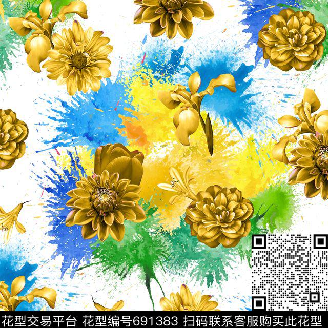 花卉泼墨随意数码印花华亿平台下载（图片编号: 691383） - 瓦栏（Walan）