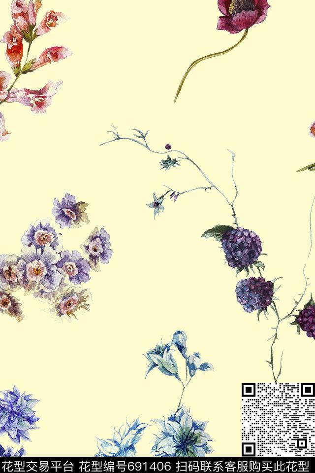 手绘简单花卉数码印花华亿平台下载（图片编号: 691406） - 瓦栏（Walan）